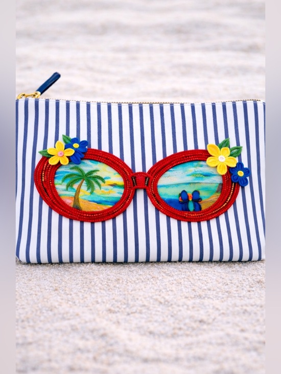 Talbots Handbags - Talbots Beaded Sunglasses Wristlet Clutch | Blue Stripe Coastal Beach Bag Summer